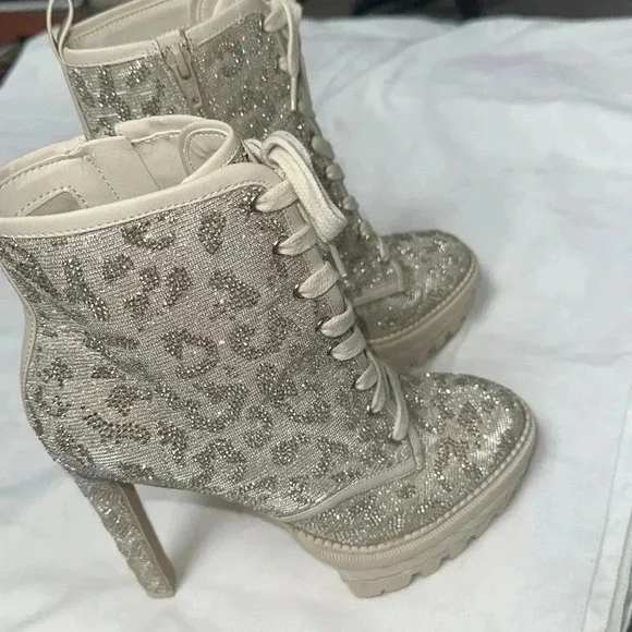 EUC GIANNI BINI HALLAND GLITZY EMBELLISHED LEOPARD PLATFORM HEELED BOOTIES - Picture 1 of 13